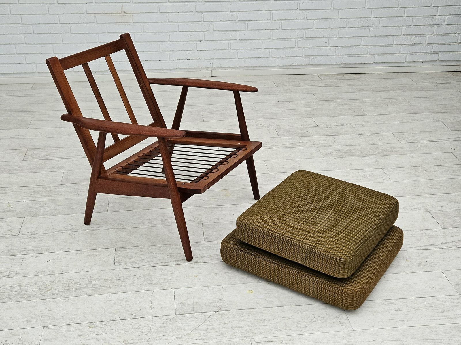 1970s, Danish Teak Wood Armchair, Original Condition, Green Furniture Fabric. photo vintage