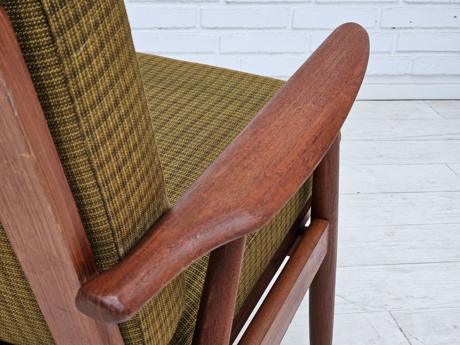 photo buy 1970s, Danish Teak Wood Armchair, Original Condition, Green Furniture Fabric.