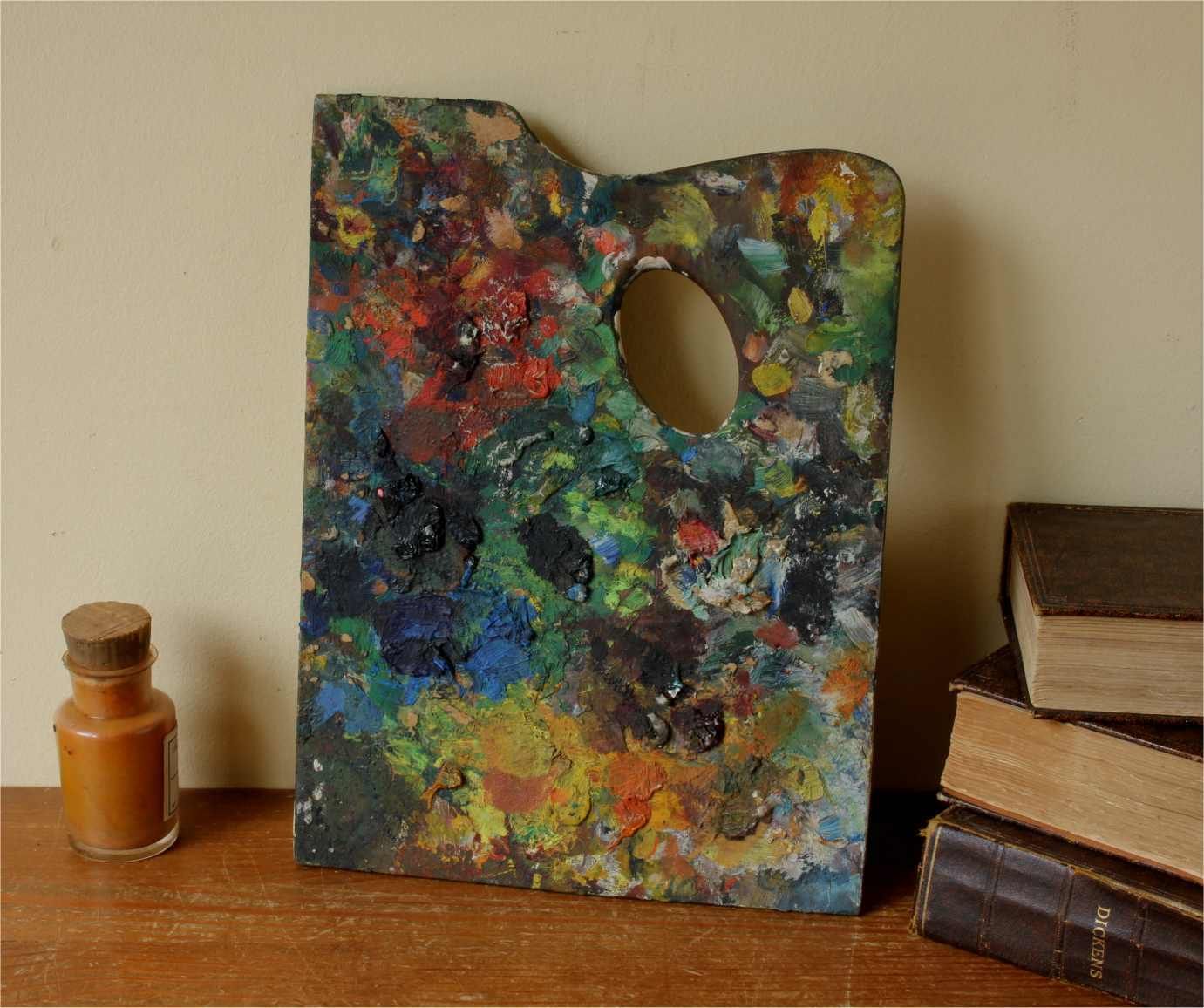 Artist Palette With Oil Paints. Decorative Paint Mixing Board. C1900. photo furniture