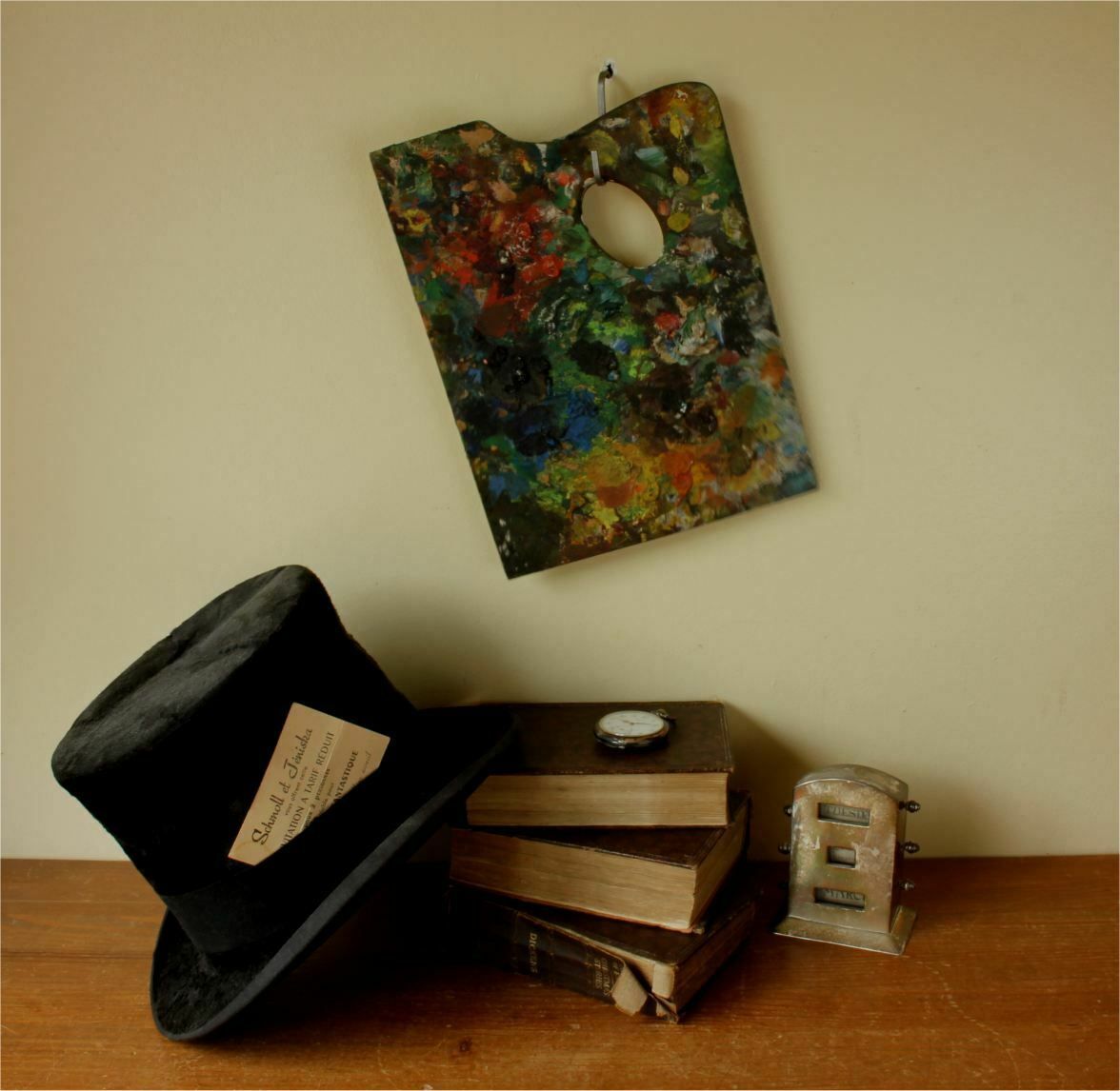 Artist Palette With Oil Paints. Decorative Paint Mixing Board. C1900. photo for sale