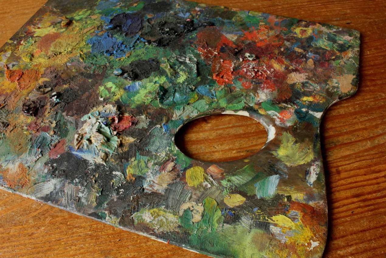photo furniture Artist Palette With Oil Paints. Decorative Paint Mixing Board. C1900.