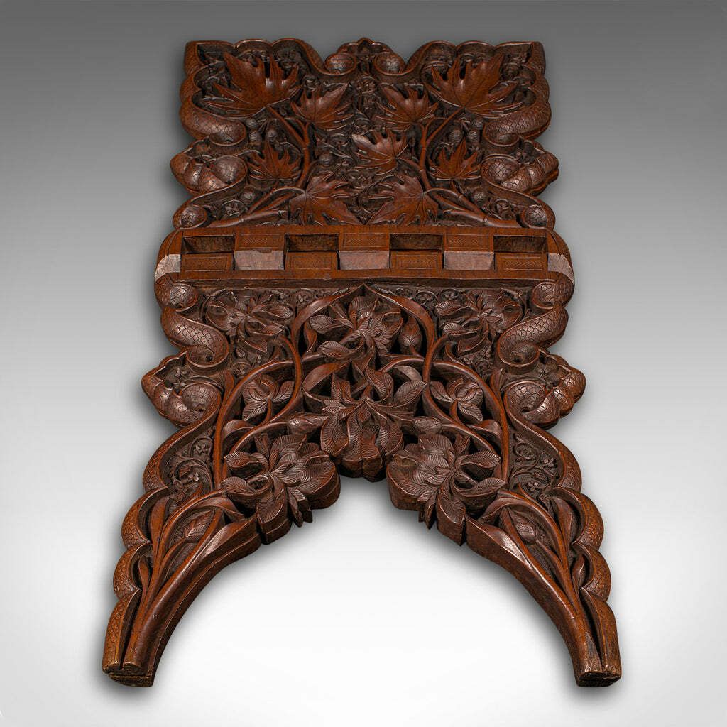 Antique Club Lounge Magazine Stand, Burmese, Teak, Folding Book Rack, Victorian photo vintage