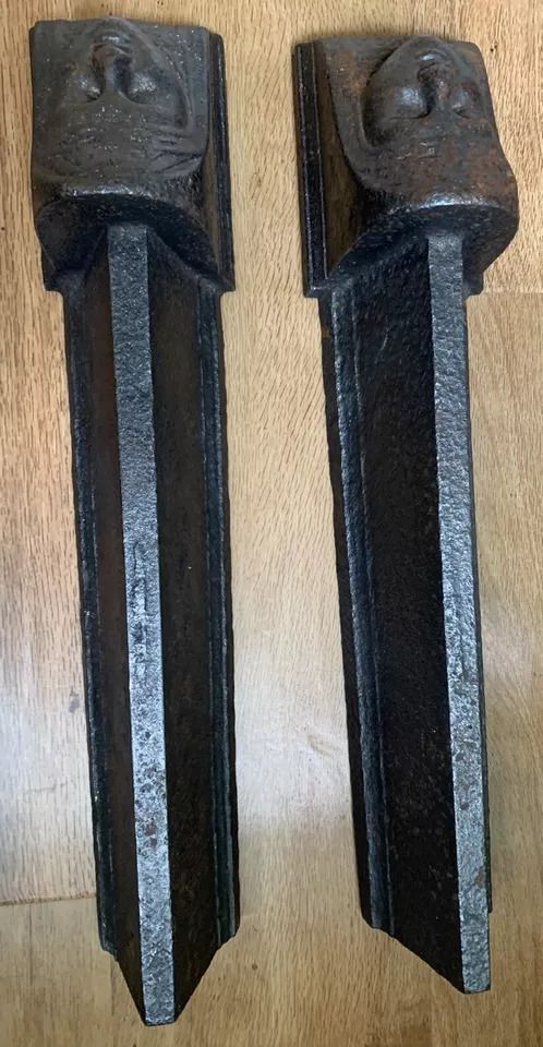 Pair Of Antique C19th Cast Iron Heavy French Andirons Fire Dogs, Township Of Hayange photo for sale
