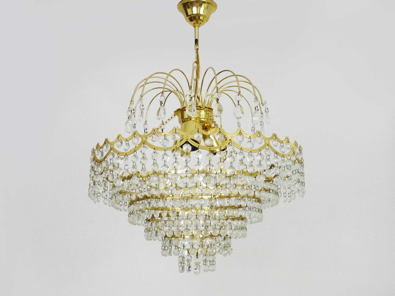 Large And Old Chandelier, Brass Crown Ceiling Light, 6 Levels, 3 Lights, Glass Pendants. Hot Air Balloon Chandelier. 70s 80s photo for sale