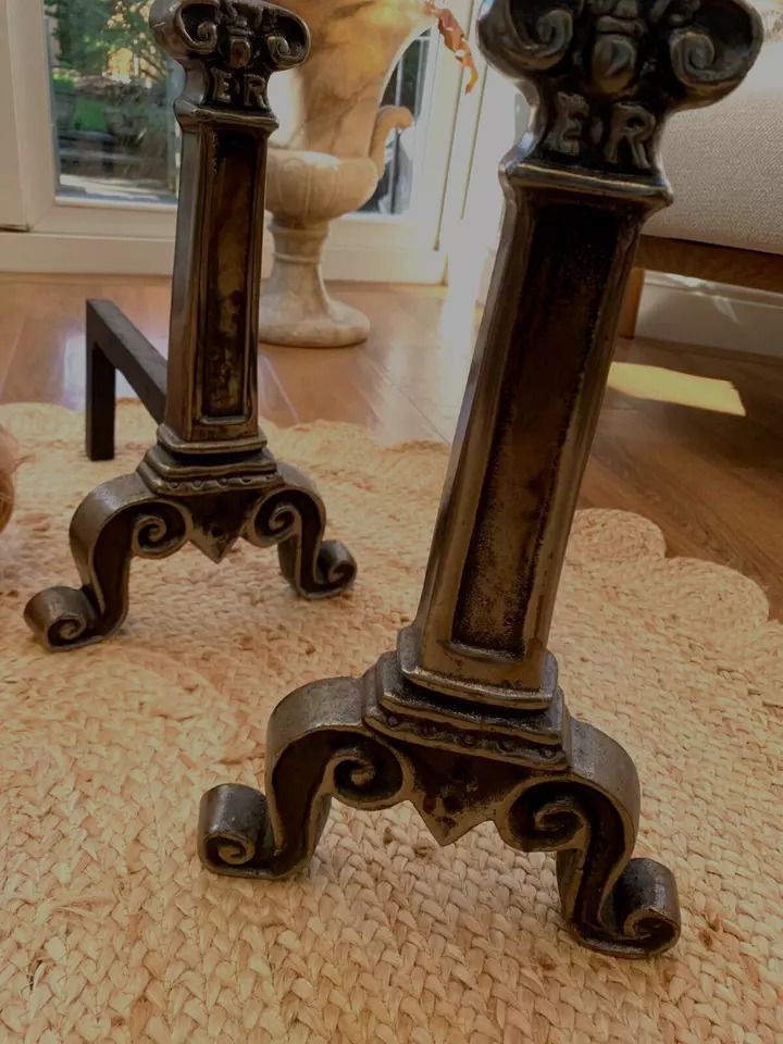 Pair Of Gothic Revival Style Burnished Gilt Iron Andirons Fire Dogs Early C20th photo furniture