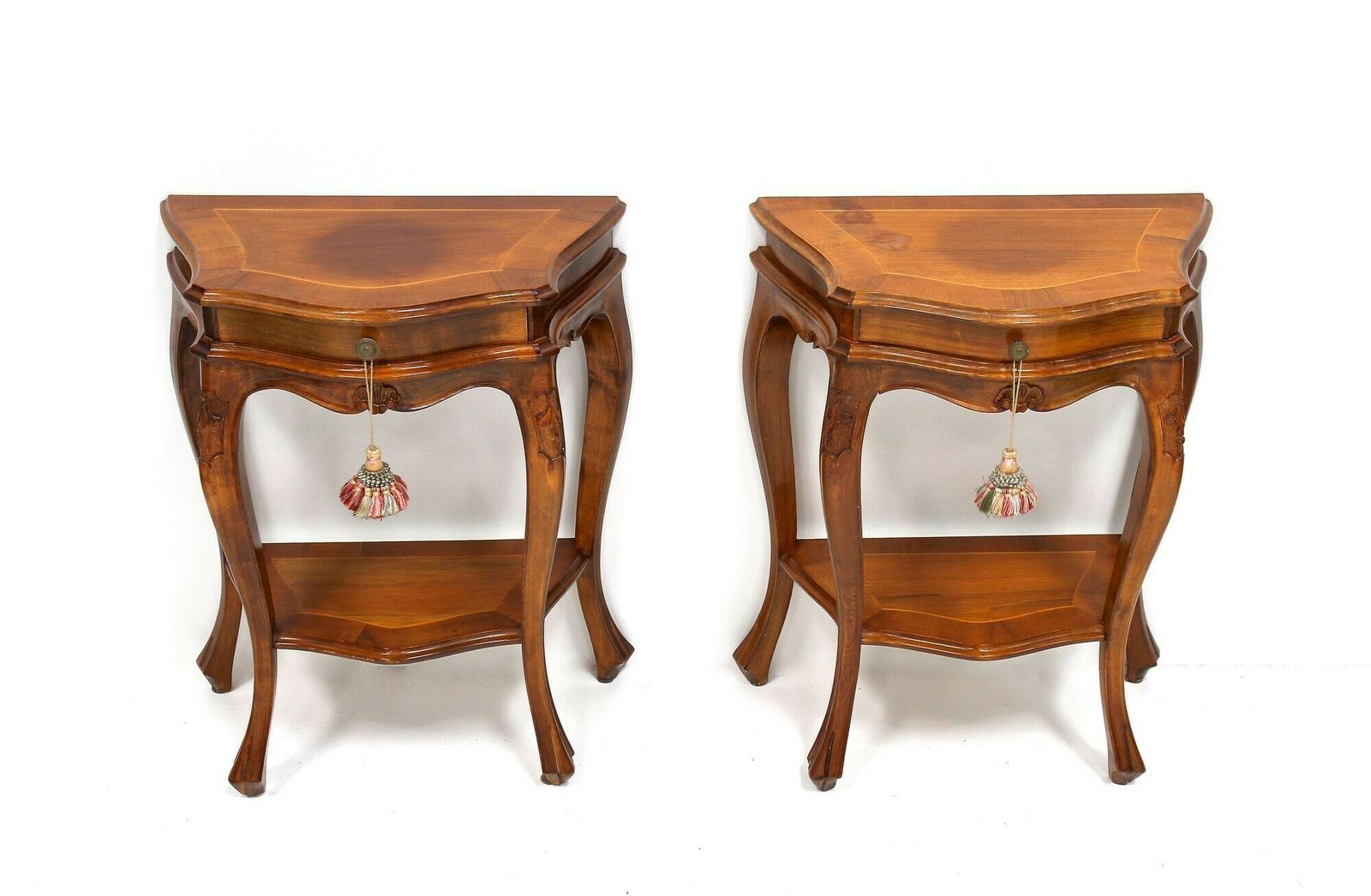 Pair Of Baroque Style Nightstands/ Console Tables, Nutwood Carved, It Ca. 1950 photo 1450.0