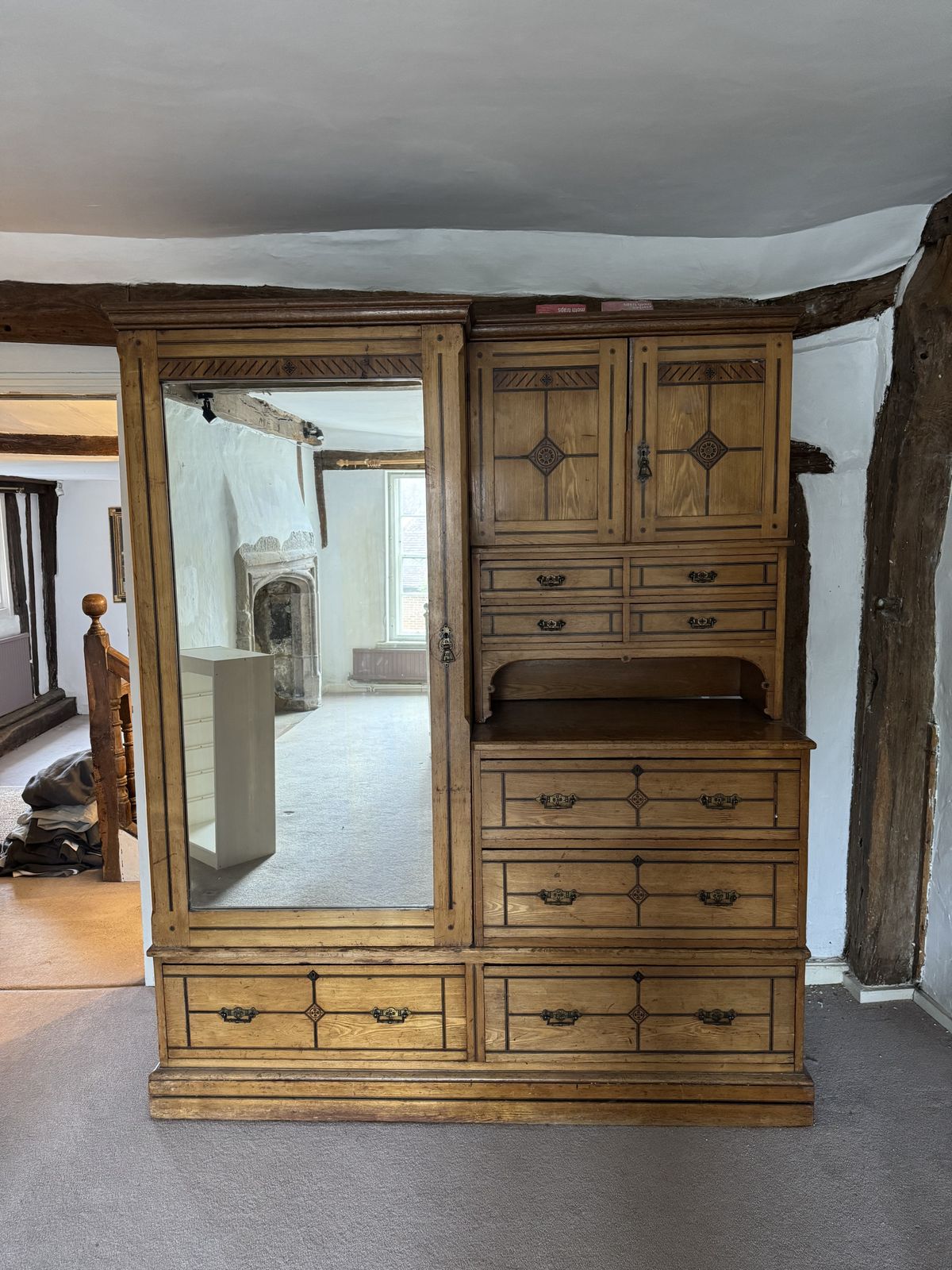 Large Pine Wardrobe With Mirrored Doors, Drawers & Marquetry