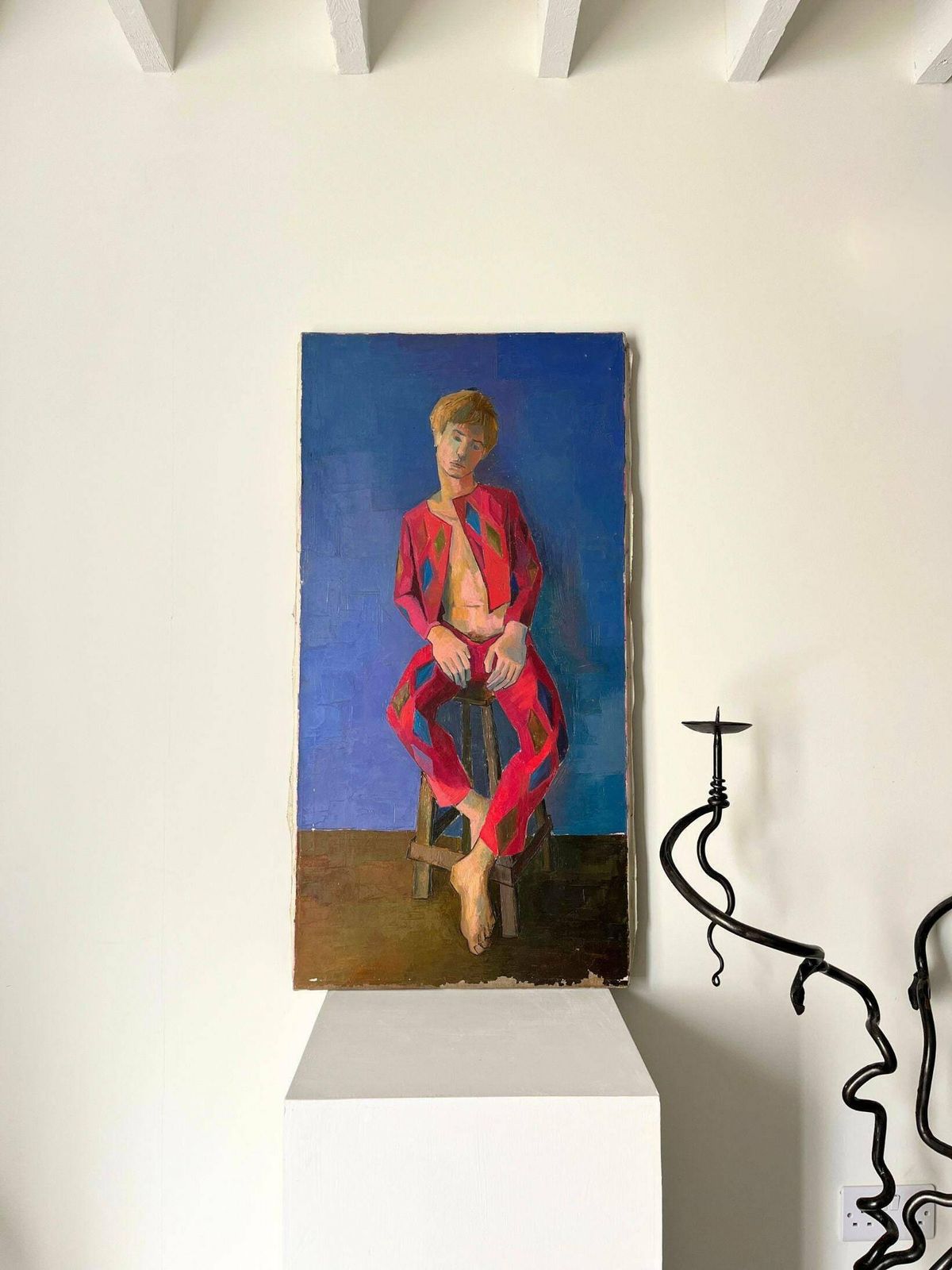 Mid Century Oil Painting Of A Harlequin, French Vintage Oil On Canvas Portrait With Stylised Aesthetic photo furniture