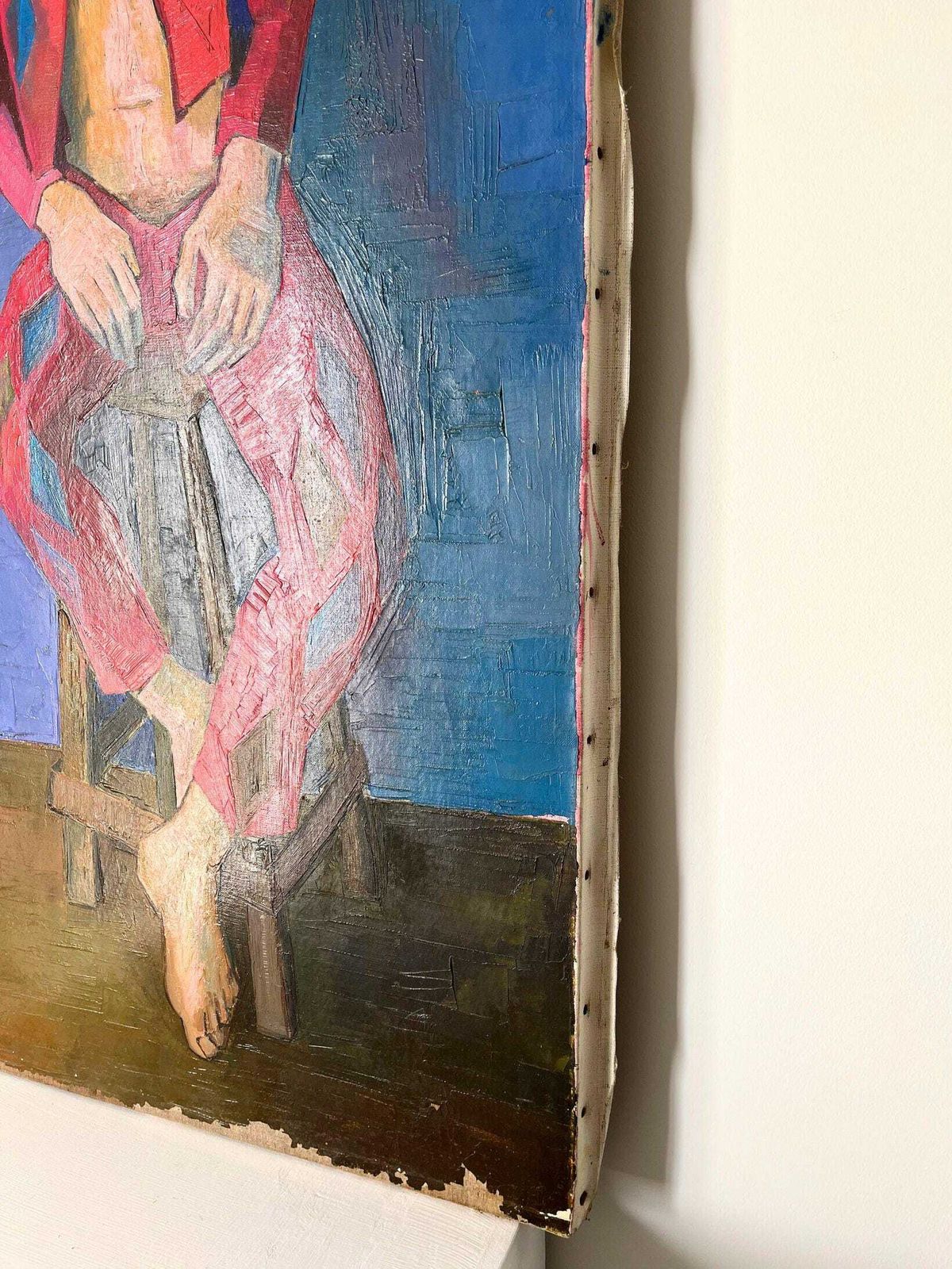 Mid Century Oil Painting Of A Harlequin, French Vintage Oil On Canvas Portrait With Stylised Aesthetic photo vinterior