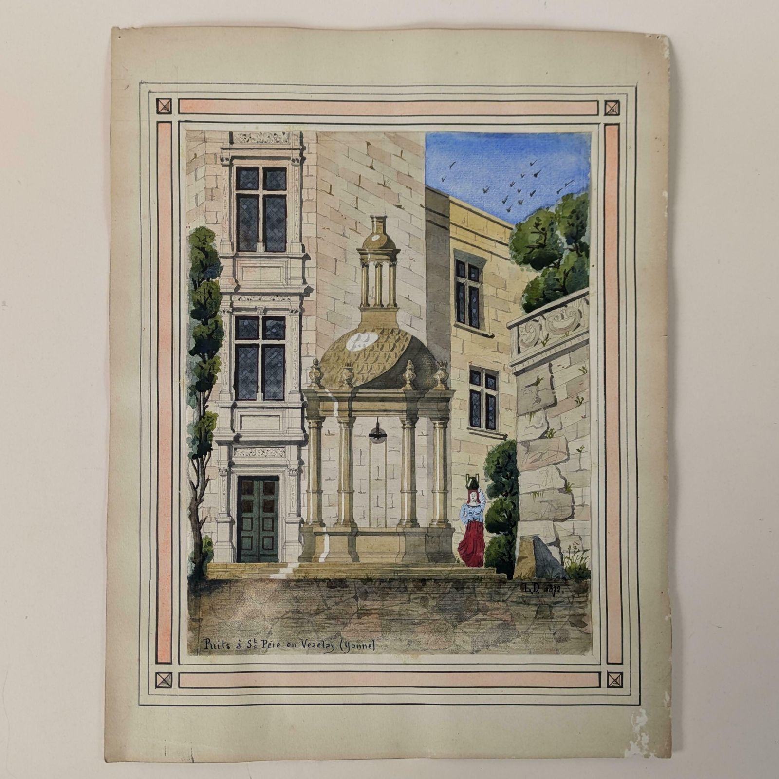 Antique French Watercolor Gouache Painting Water Well St Pere En Vezelay Yonne France L.Danbourg 1872, Original Art, Puit St Pere En Vezelay photo furniture