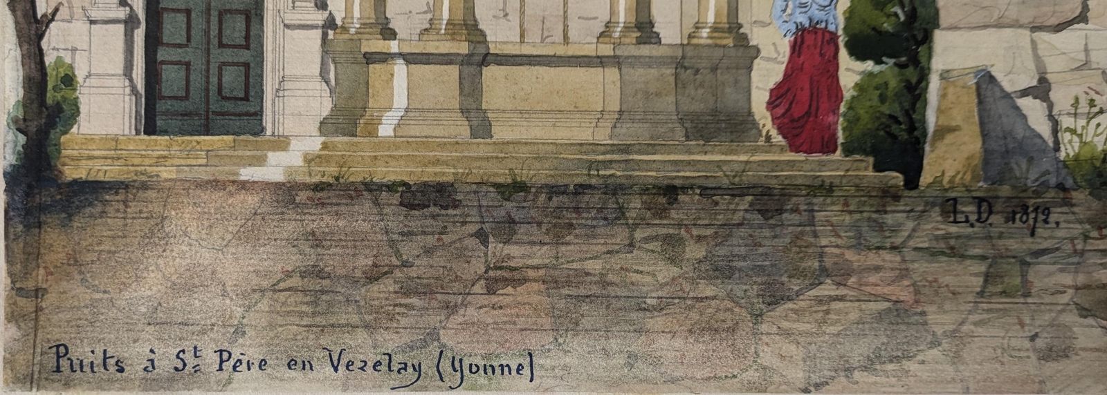 Antique French Watercolor Gouache Painting Water Well St Pere En Vezelay Yonne France L.Danbourg 1872, Original Art, Puit St Pere En Vezelay photo Art