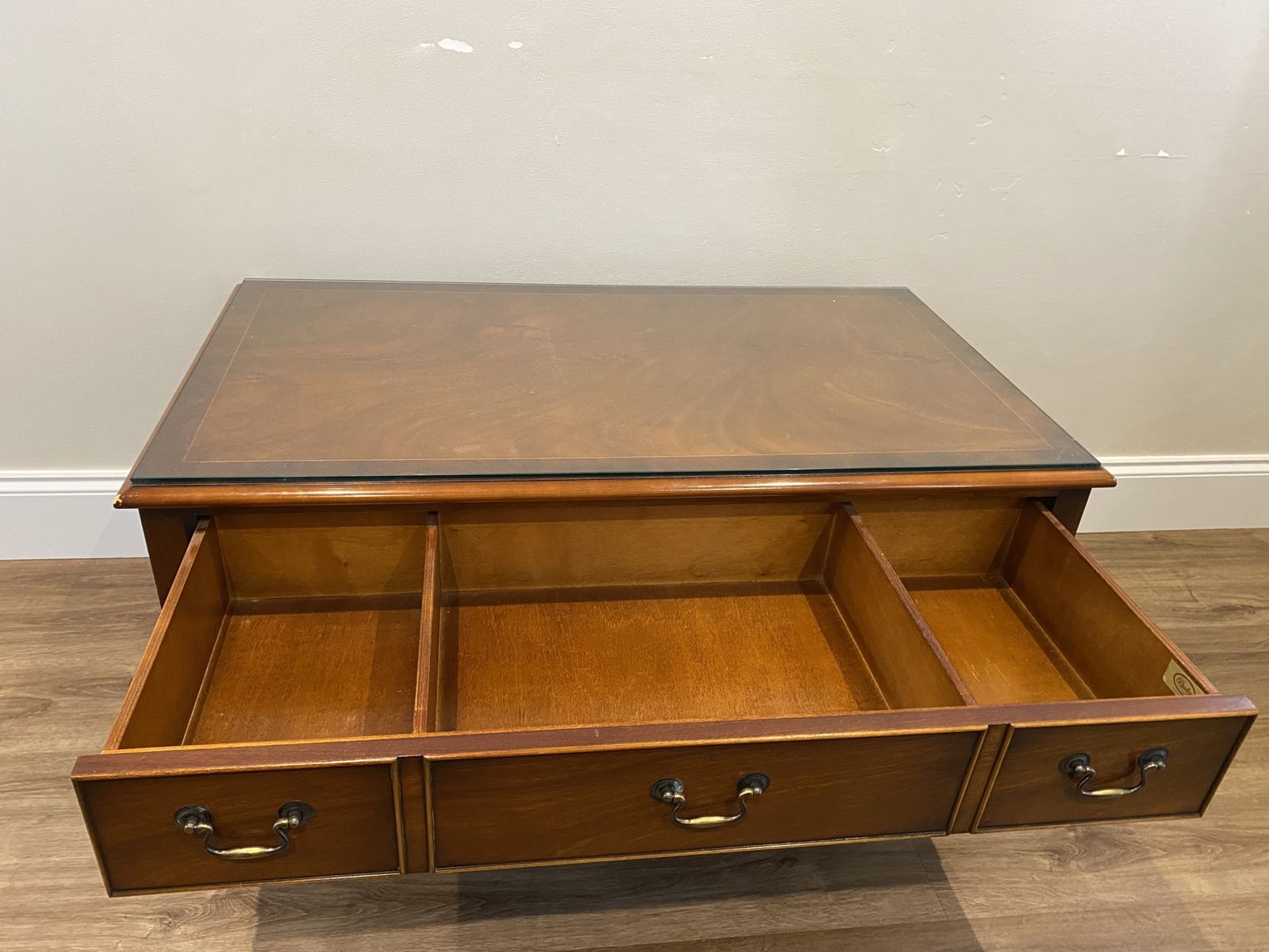 Bradley Furniture Burr Yew Wood Two Drawer Coffee Table + Butlers Serving Trays