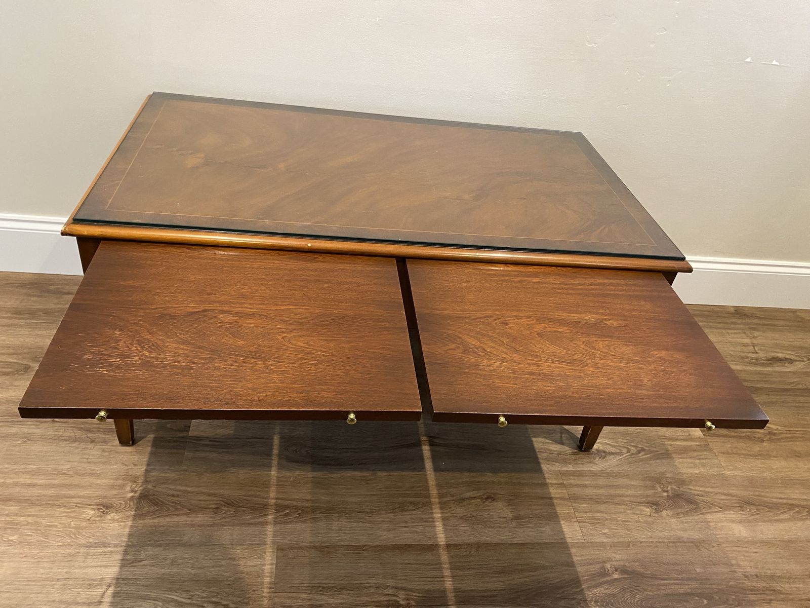 Bradley Furniture Burr Yew Wood Two Drawer Coffee Table + Butlers Serving Trays photo for sale