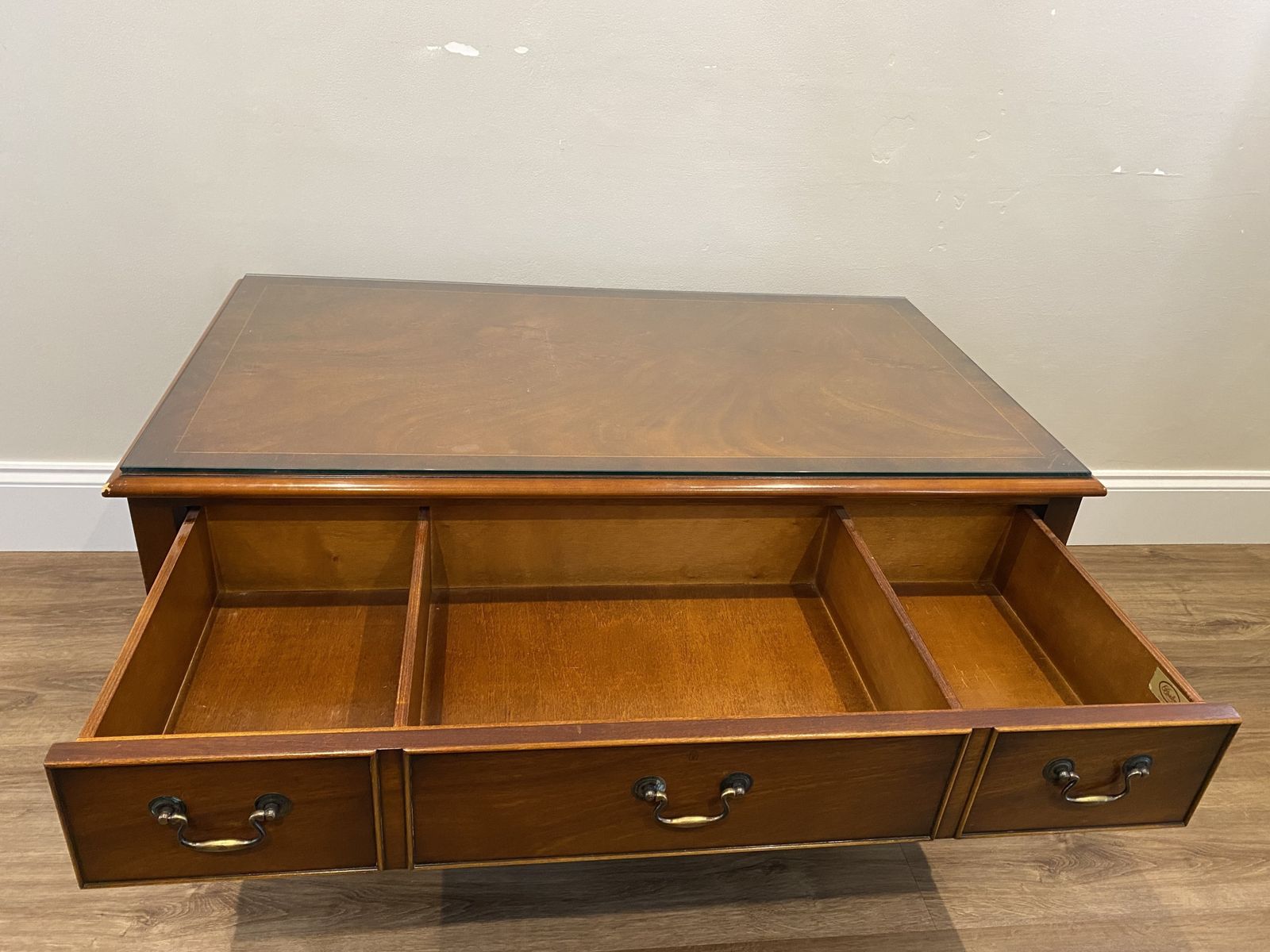 Bradley Furniture Burr Yew Wood Two Drawer Coffee Table + Butlers Serving Trays photo buy