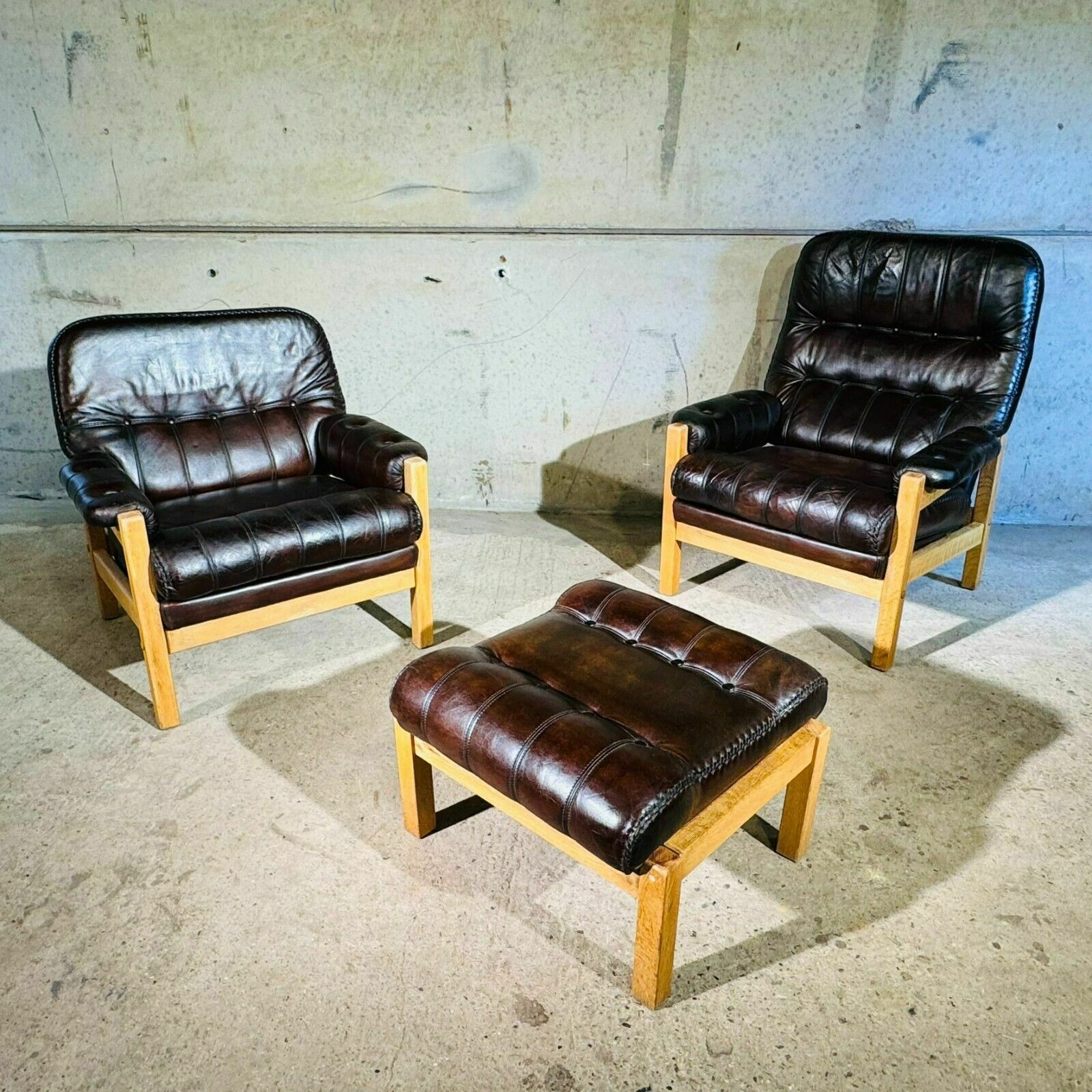 Vintage His And Hers Leather & Oak Swedish Chairs 70s With Footstool #342a