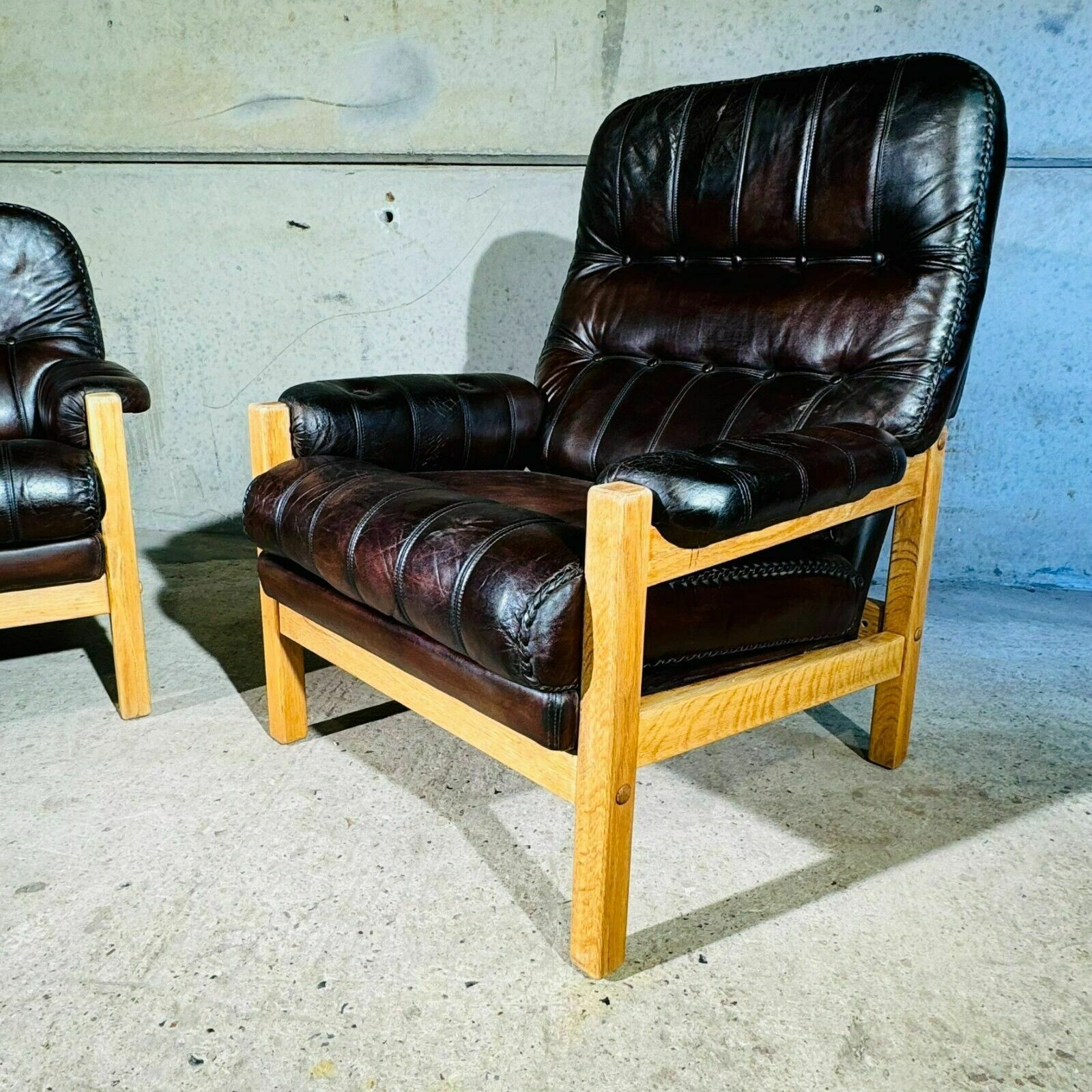 Vintage His And Hers Leather & Oak Swedish Chairs 70s With Footstool #342a photo vintage