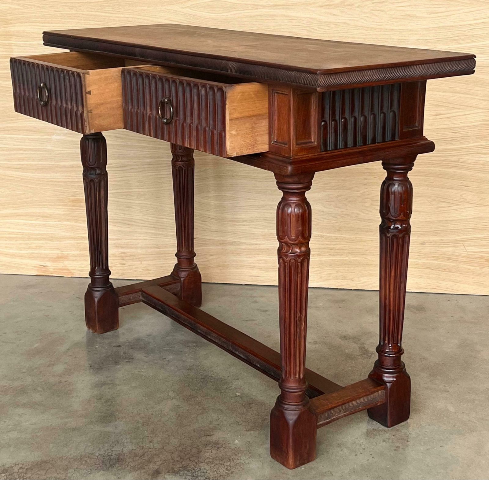 Furniture Early 20th Century Catalan Spanish Carved Walnut Console Table With Two Drawers photo