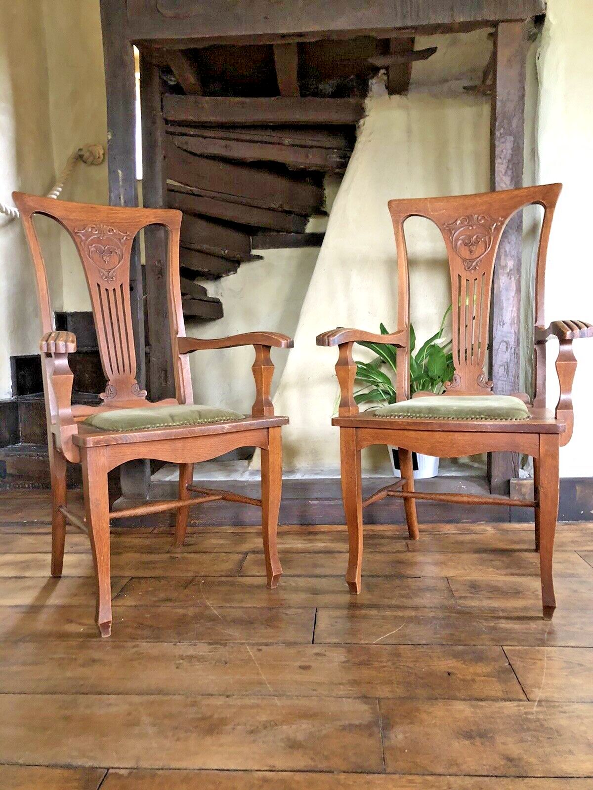 Pair Of  Original Rare Antique Arts And Crafts Green Canadian Elbow Armchair
