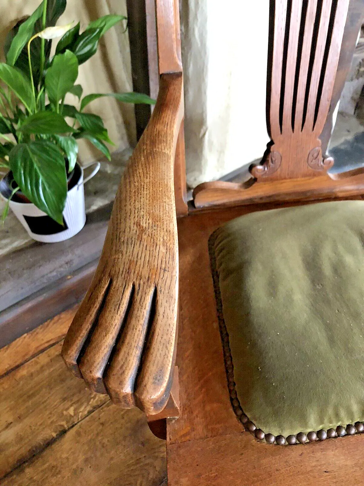 photo furniture Pair Of  Original Rare Antique Arts And Crafts Green Canadian Elbow Armchair