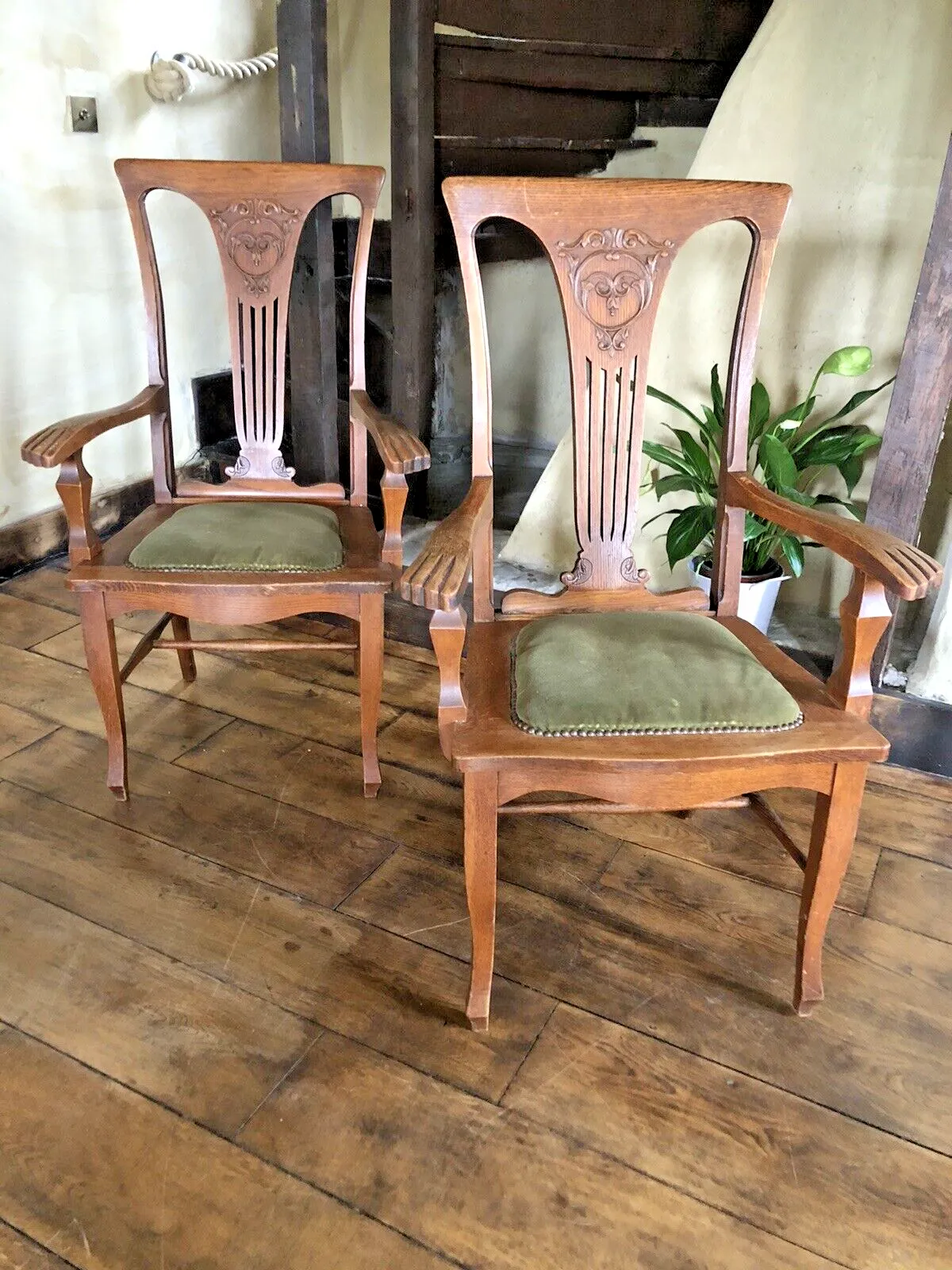Furniture Pair Of  Original Rare Antique Arts And Crafts Green Canadian Elbow Armchair photo