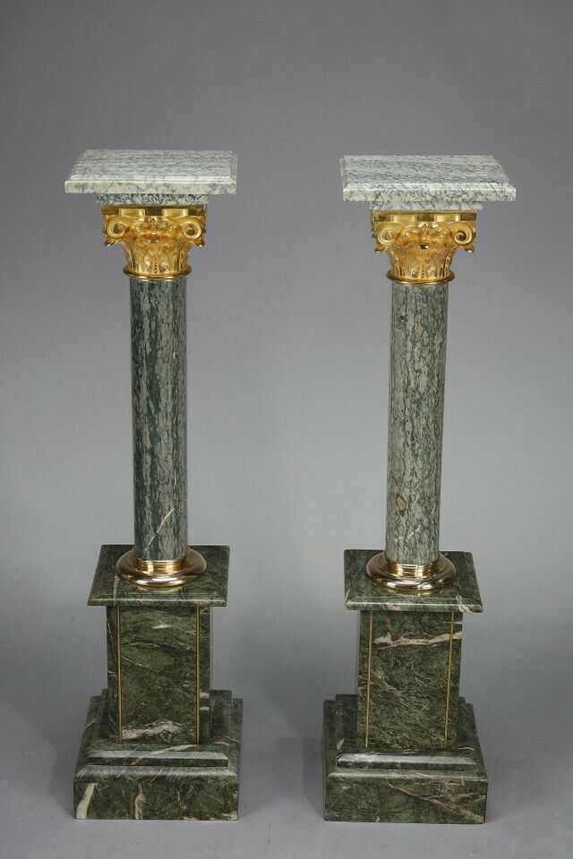 Pair Of Columns In Green Estours Marble And Light Green Base With Corinthian Capitals