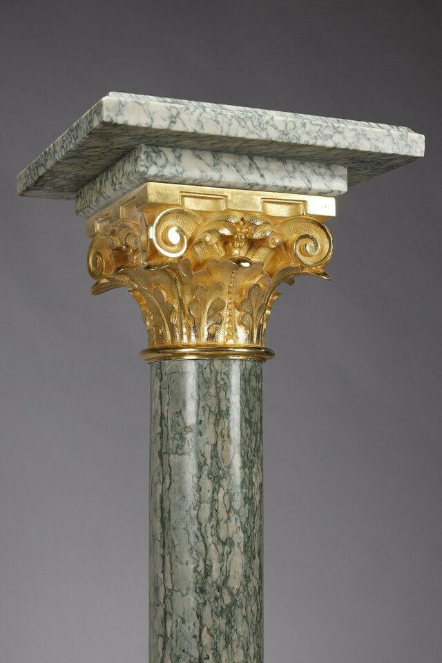 photo for sale Pair Of Columns In Green Estours Marble And Light Green Base With Corinthian Capitals