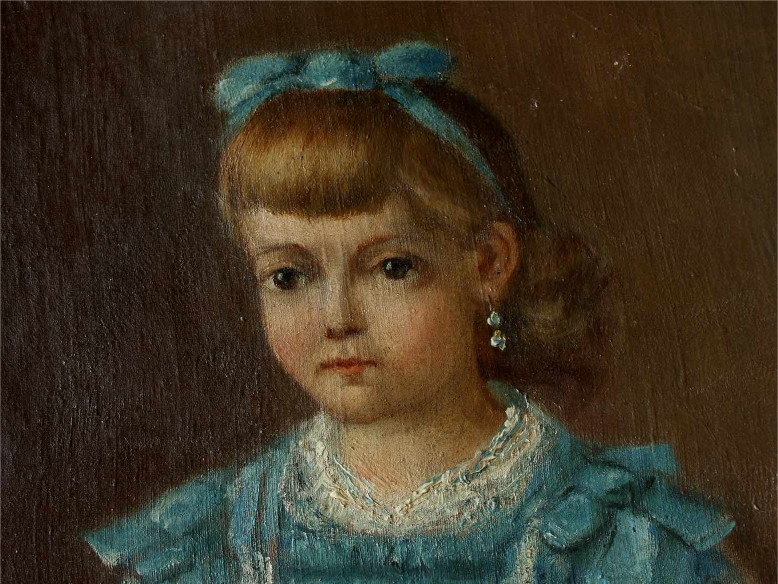 Young Girl In Blue Dress Oil Painting. Victorian Child Portrait. Pierrat. photo for sale