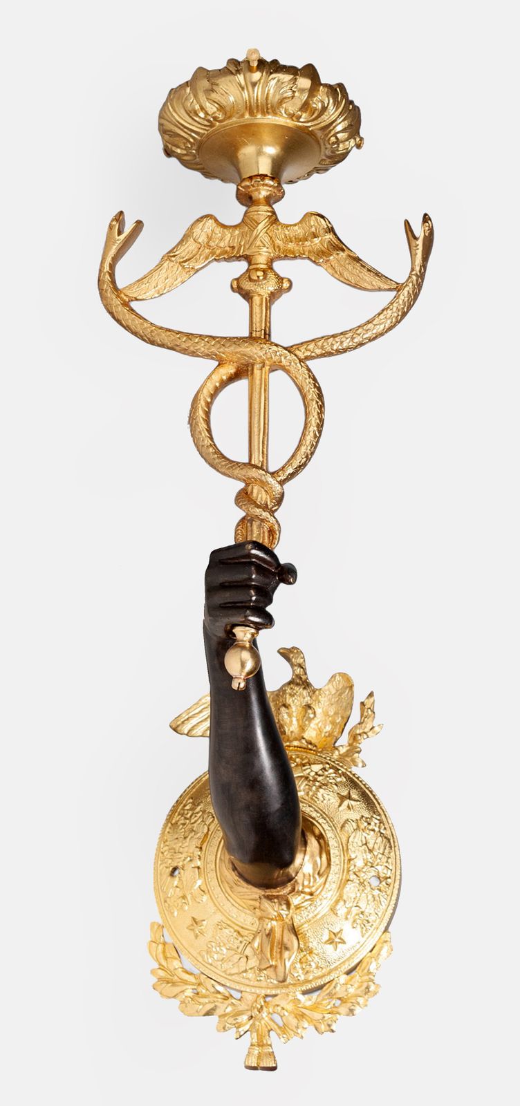 Pair Of Late 19th Century Empire Gilt Bronze Ormolu Wall Appliques Of Arms Holding Caduceus Staffs, France photo vinterior