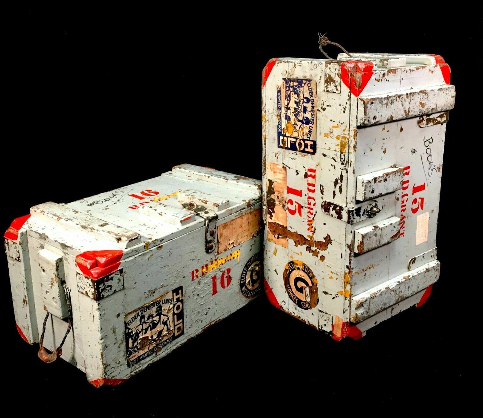 Antique Pair Of Large Wood Painted Military Ammunition Crates / Trunk / Boxes photo furniture
