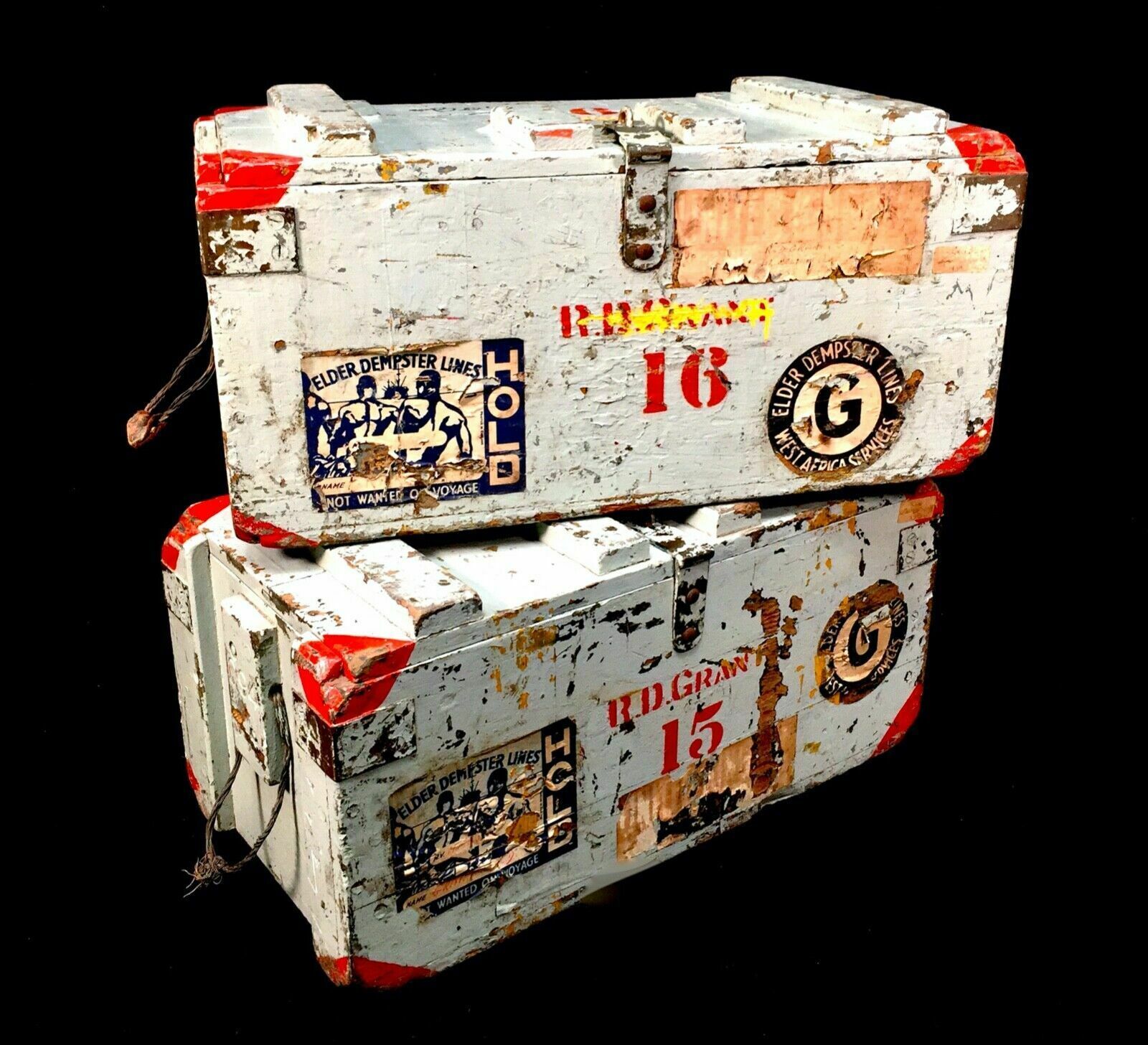 399.0 Antique Pair Of Large Wood Painted Military Ammunition Crates / Trunk / Boxes photo