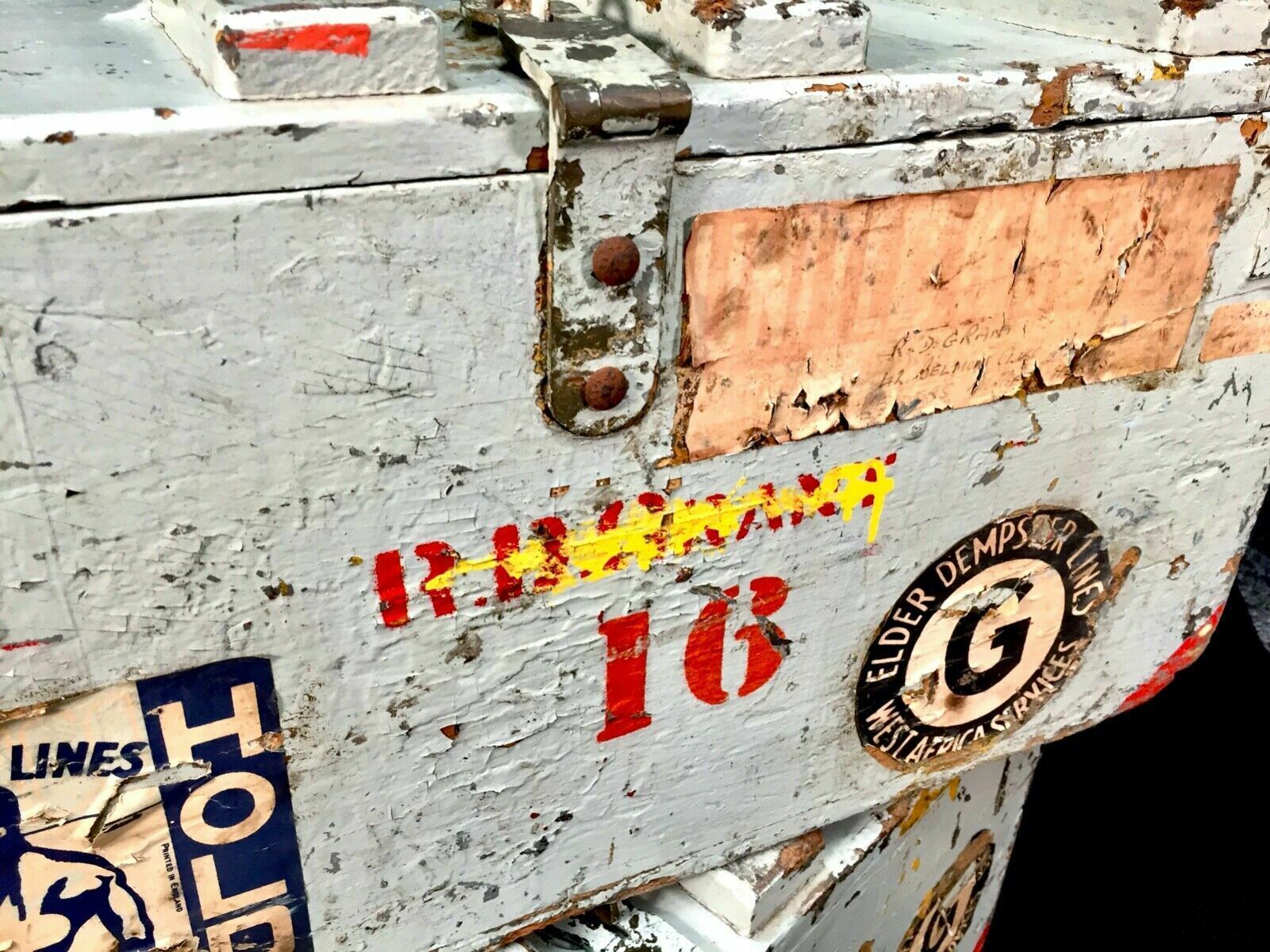 photo vinterior Antique Pair Of Large Wood Painted Military Ammunition Crates / Trunk / Boxes