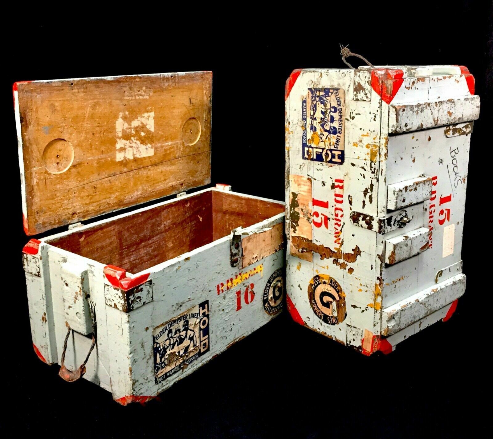 photo buy Antique Pair Of Large Wood Painted Military Ammunition Crates / Trunk / Boxes