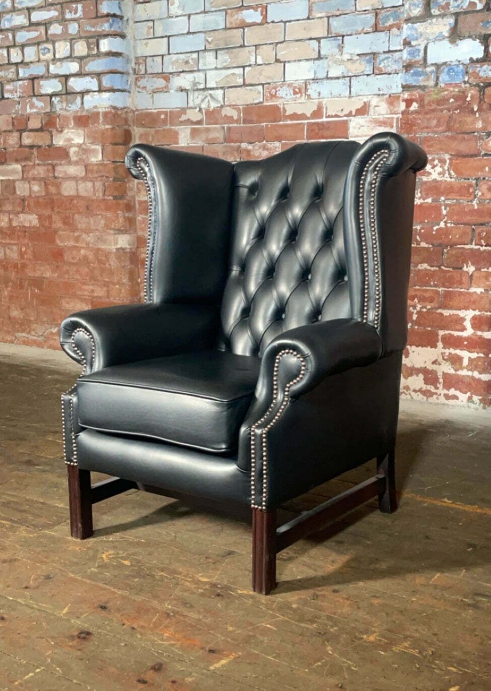 Premium Matt Black Leather Georgian Style Chair & Matching Footstool photo furniture