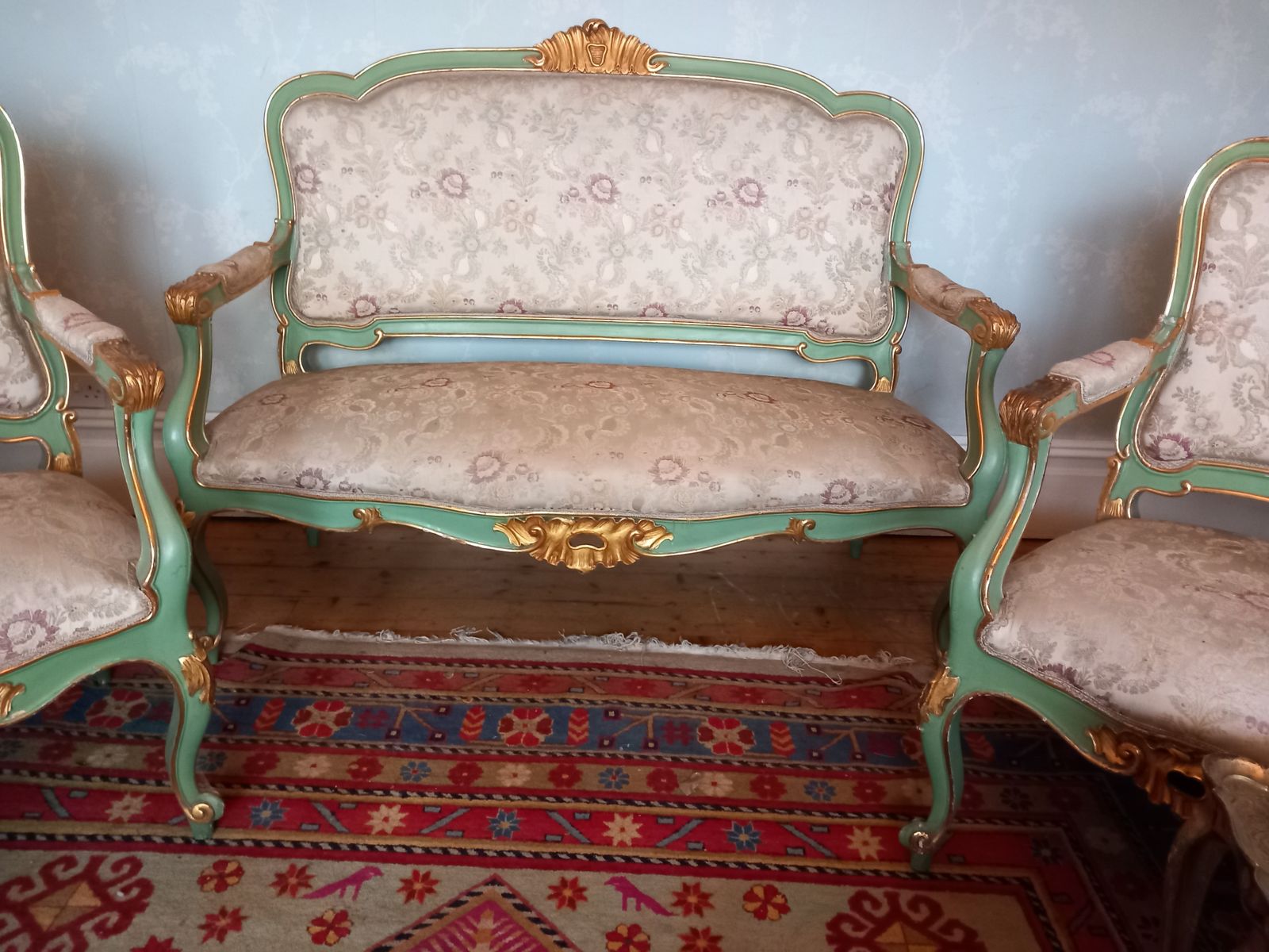Rococo French Floral, 8 Piece Green And Gold Boudoir Suite Including Table
