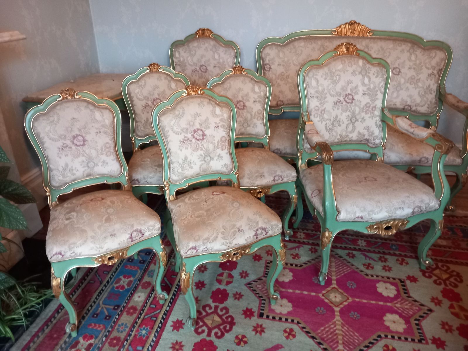Rococo French Floral, 8 Piece Green And Gold Boudoir Suite Including Table photo for sale