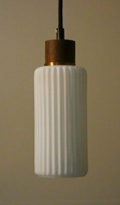Mid Century Pendant Lamp In Opaline Glass And Teak, Italy, 1950s photo furniture