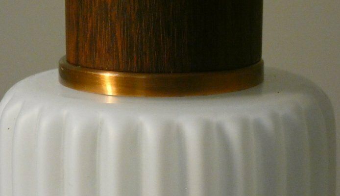 Mid Century Pendant Lamp In Opaline Glass And Teak, Italy, 1950s photo vinterior
