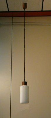 photo vinterior Mid Century Pendant Lamp In Opaline Glass And Teak, Italy, 1950s