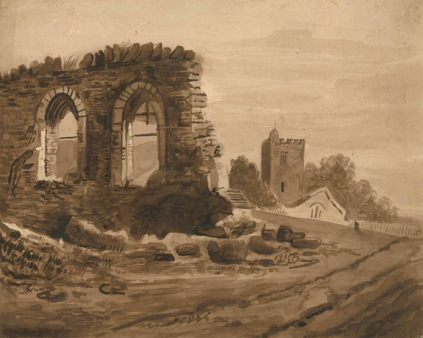 19th Century Watercolour Old Church Ruins