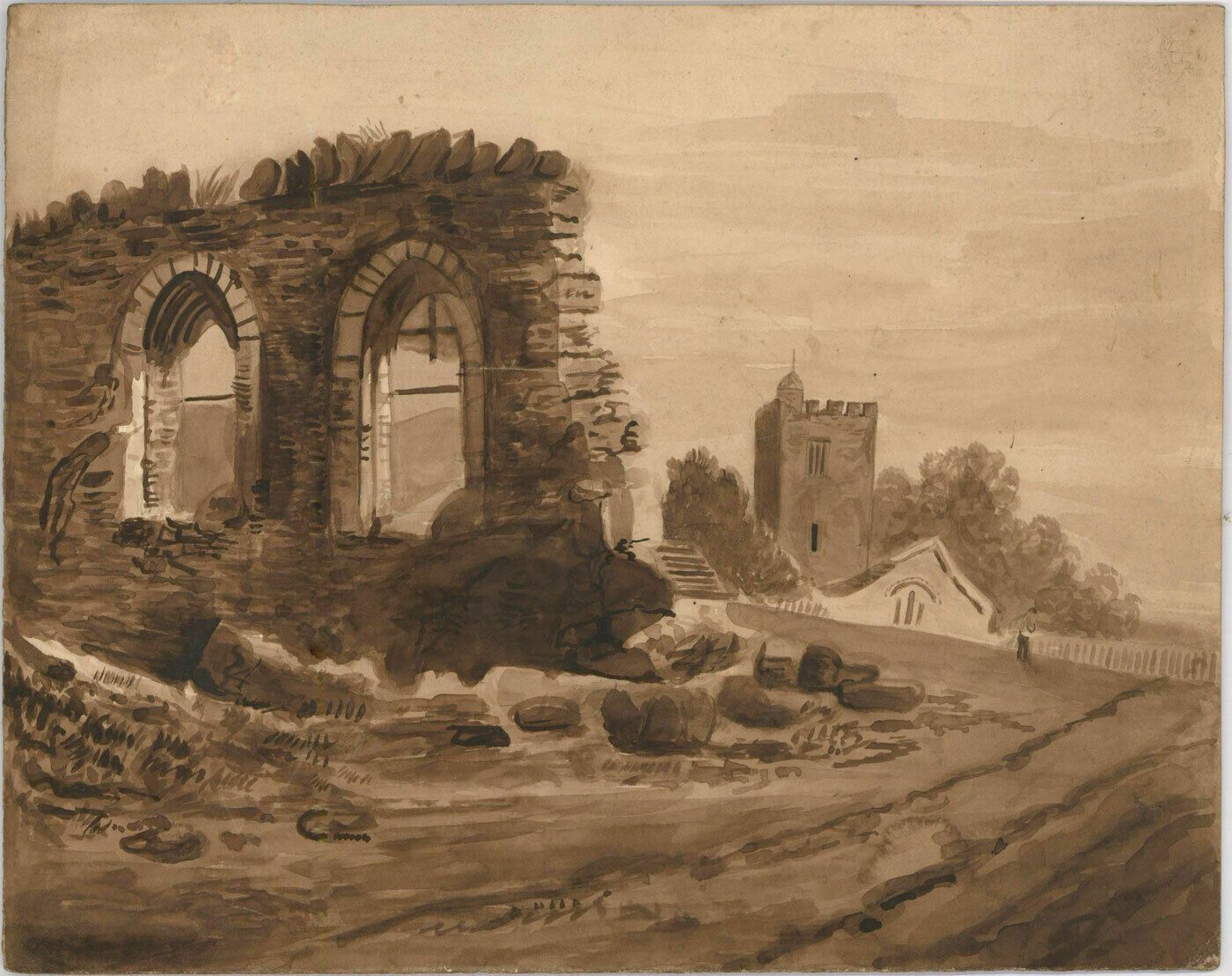 19th Century Watercolour Old Church Ruins photo furniture