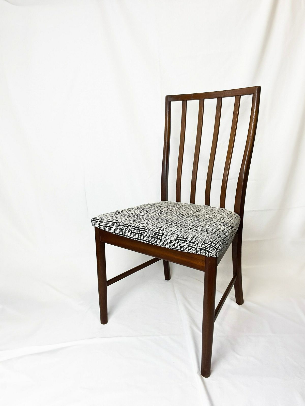 Mid Century Vintage Set Of Four Teak McIntosh Dining Chairs Reupholstered In Retro Monochromatic Tufted Jacquard (Fire Reg'd) photo for sale
