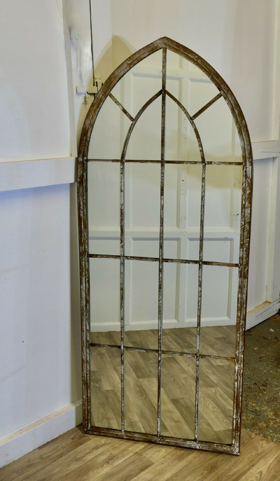 Tall Industrial Style Arched Window Mirror photo for sale