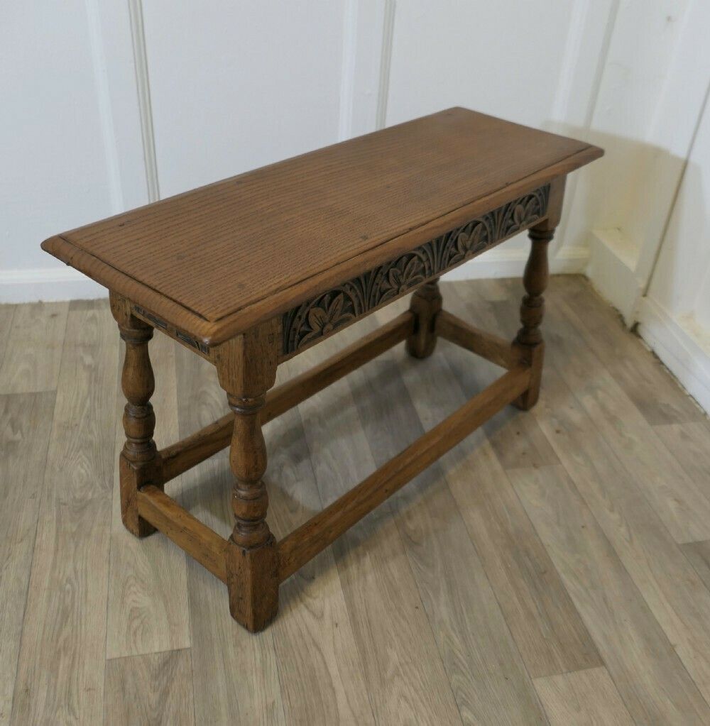 Arts And Crafts Carved Country Golden Oak Joint Stool Window Seat, Hall Bench photo for sale
