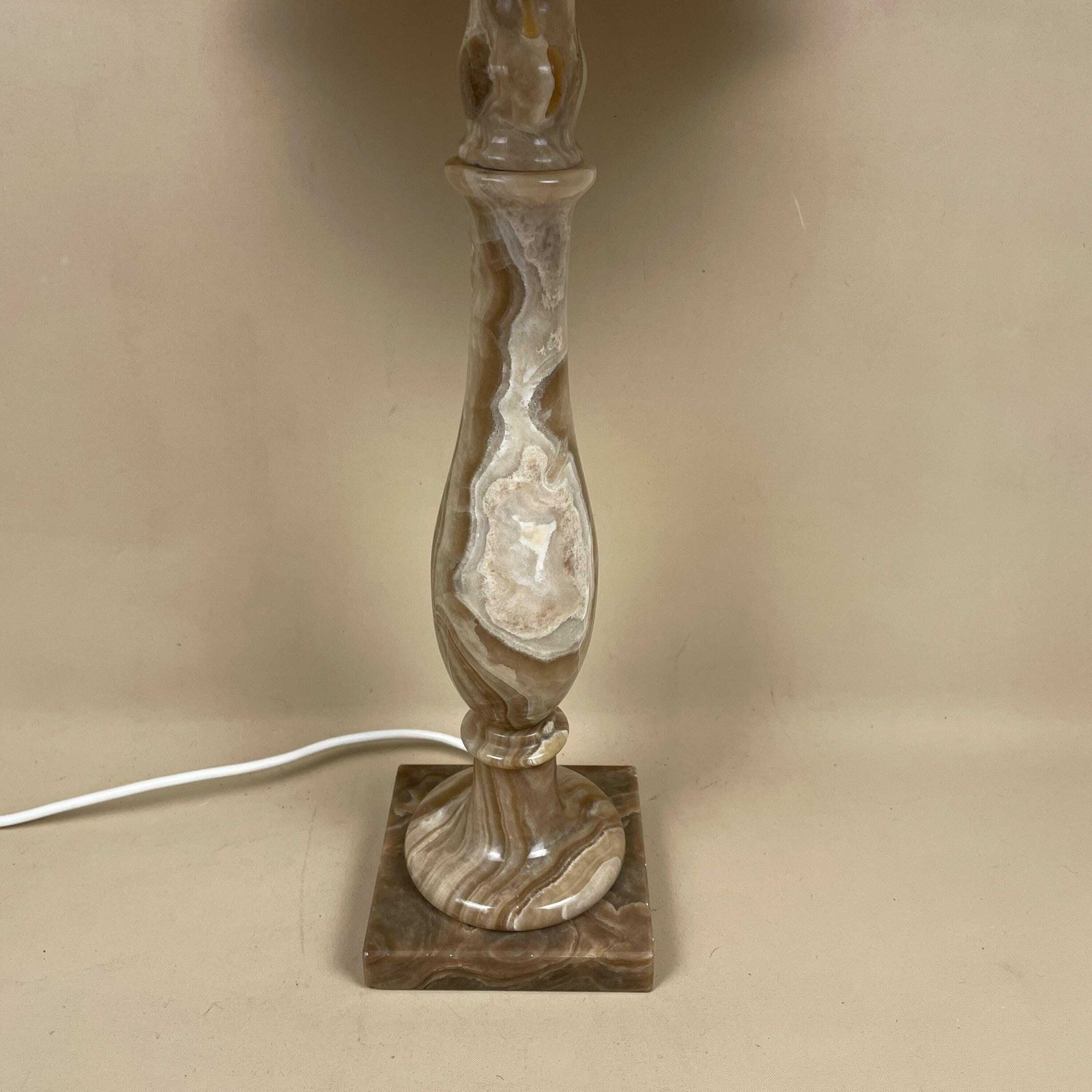 Antique Onyx Marble Lamp Light Brown Earth Colour Bedside Side Table Desk Marbled Patterned Vintage Downton Pleated Cream Shade Lampshade photo for sale
