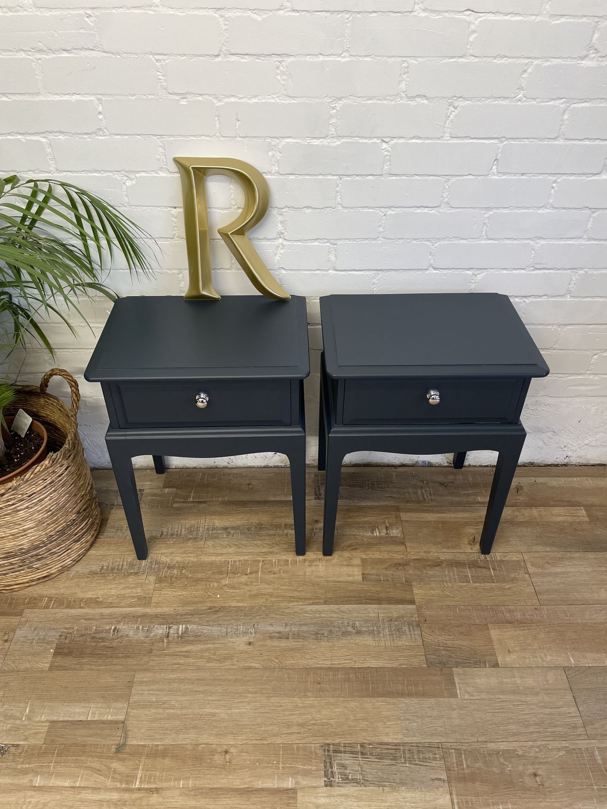 Stag Minstrel ‘Leggy’ Bedsides Nightstands Painted Midnight Ink Blue photo vintage