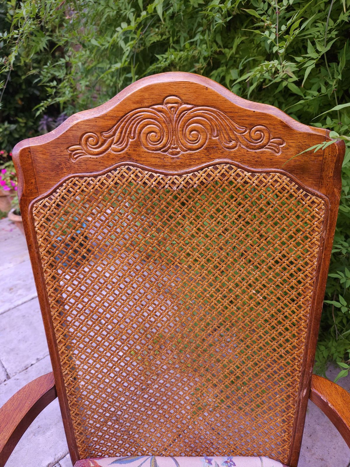 Carver Style Wood & Cane Chair With Shaped, Carved Top photo vinterior