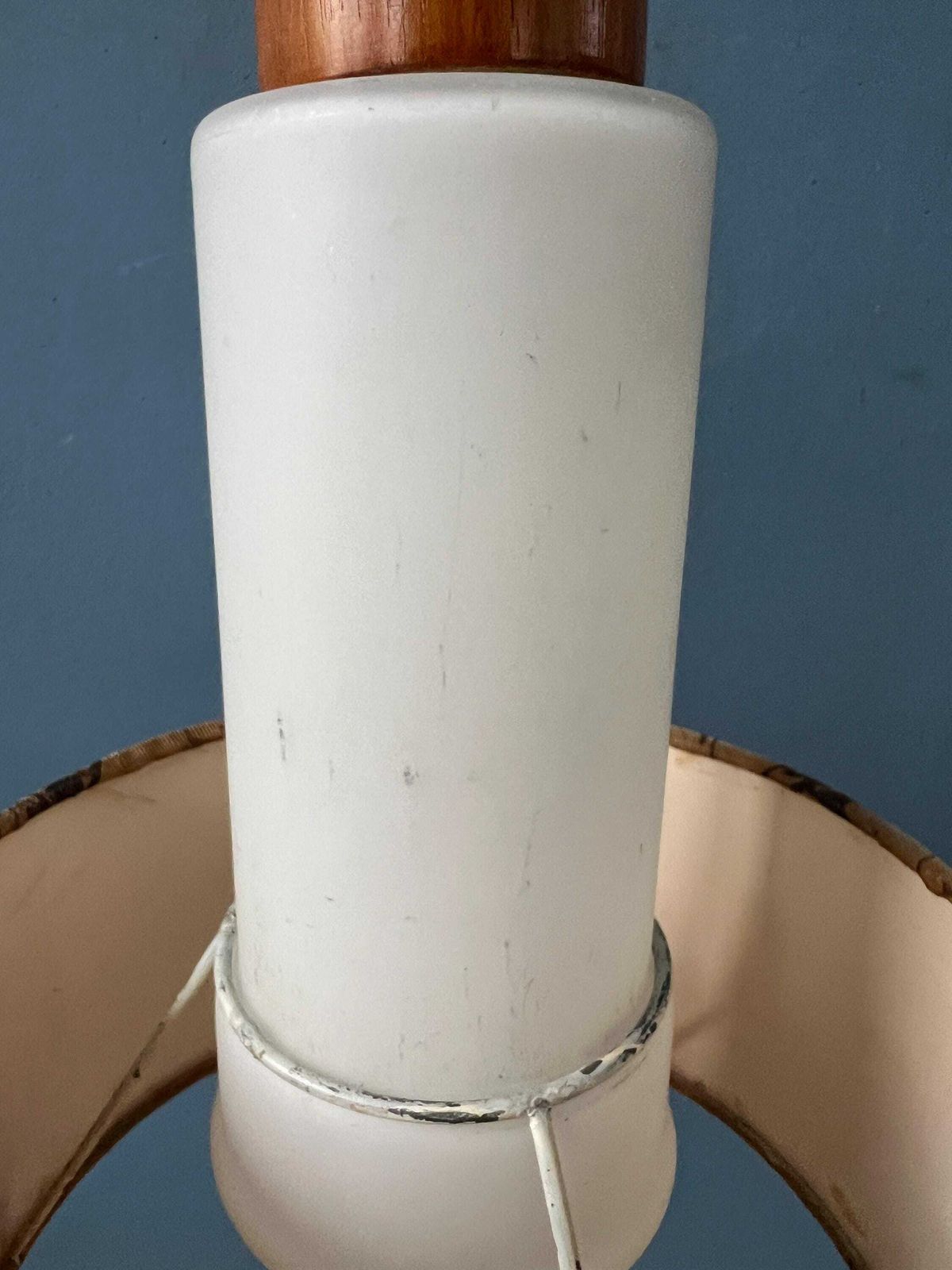 photo furniture Mid Century Opaline Glass Pendant Lamp With Beige Fabric Jungle Shade