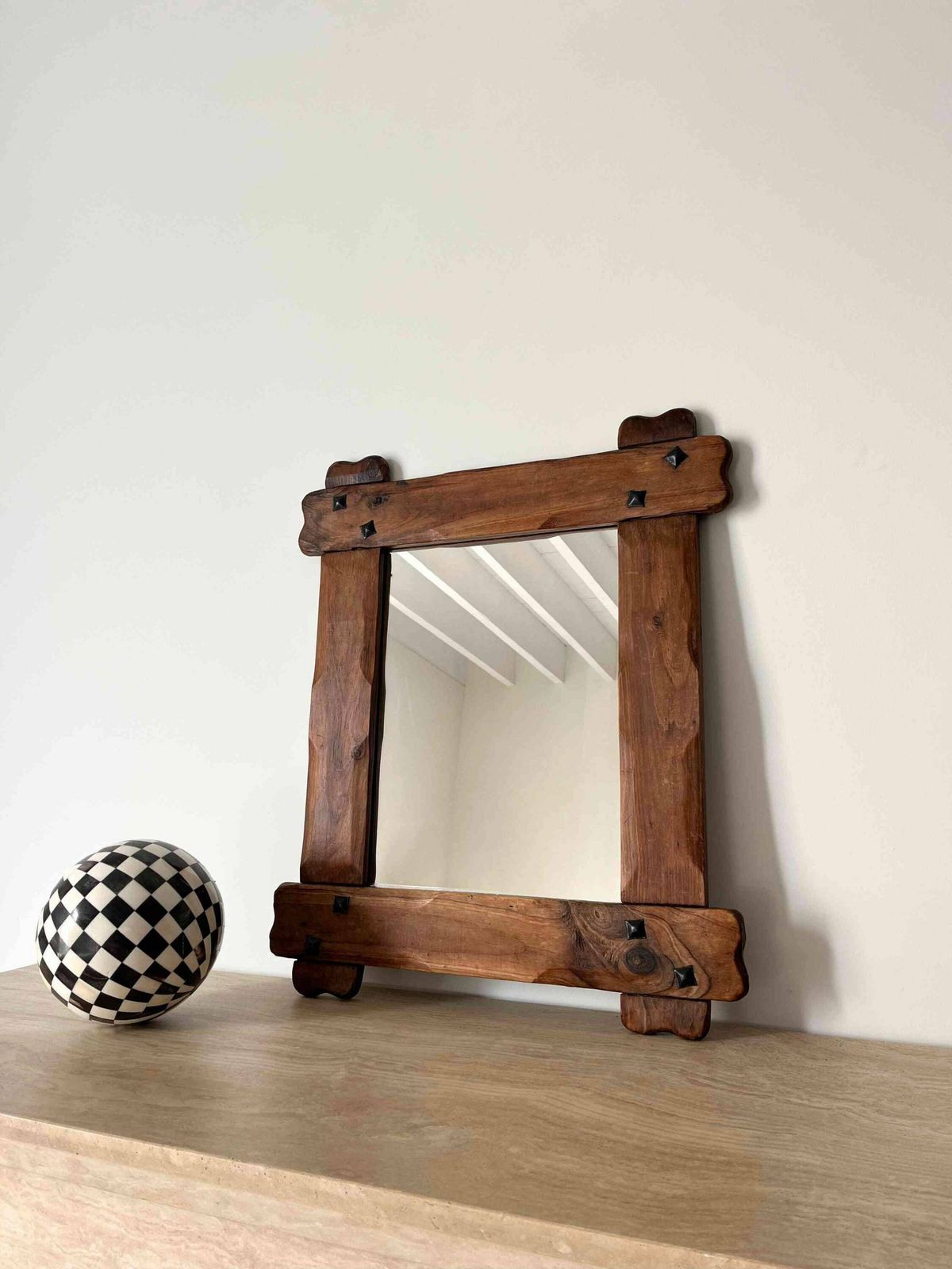 Brutalist French Wall Mirror With Wooden Frame And Steel Studs