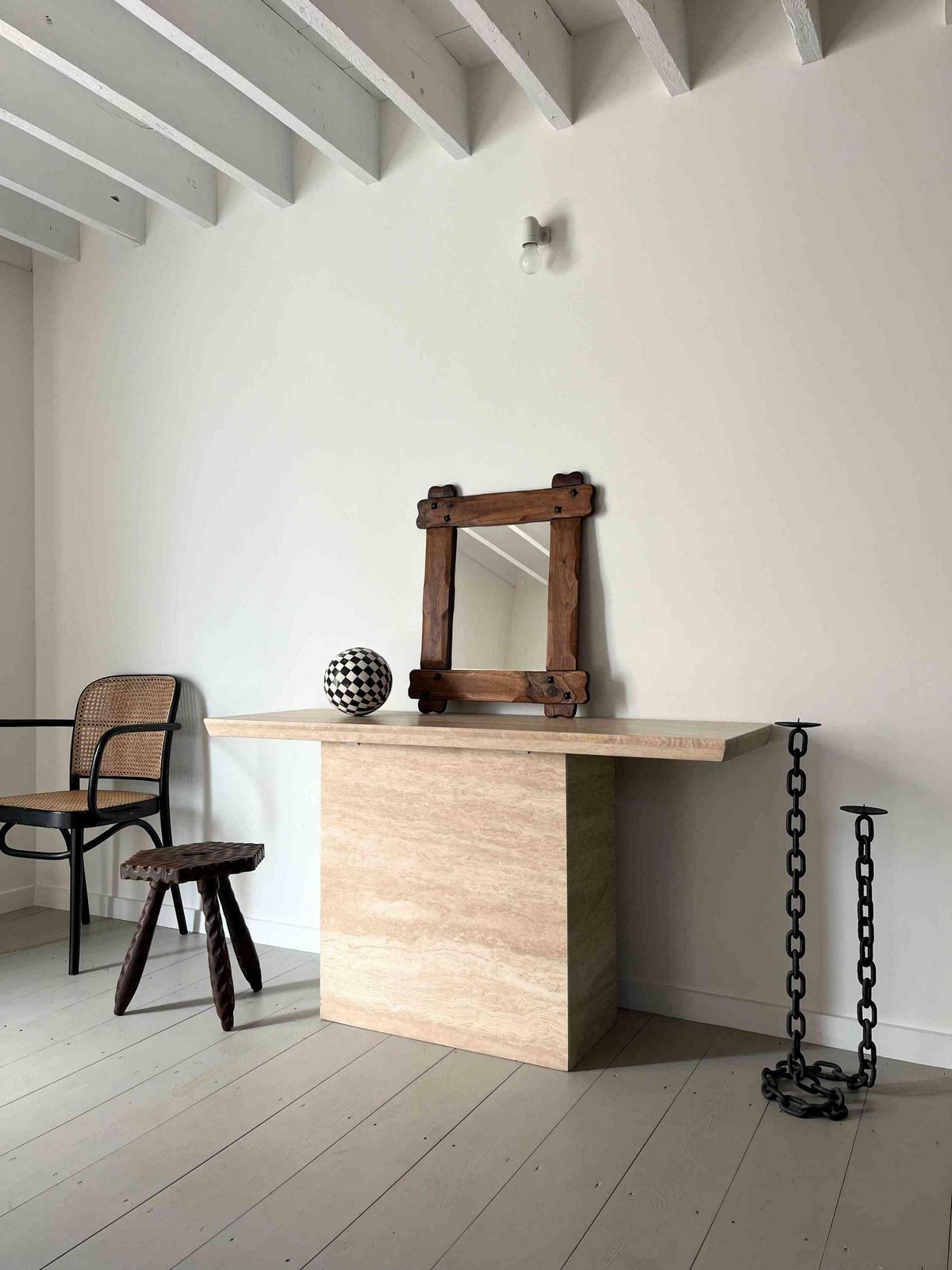 Brutalist French Wall Mirror With Wooden Frame And Steel Studs photo buy
