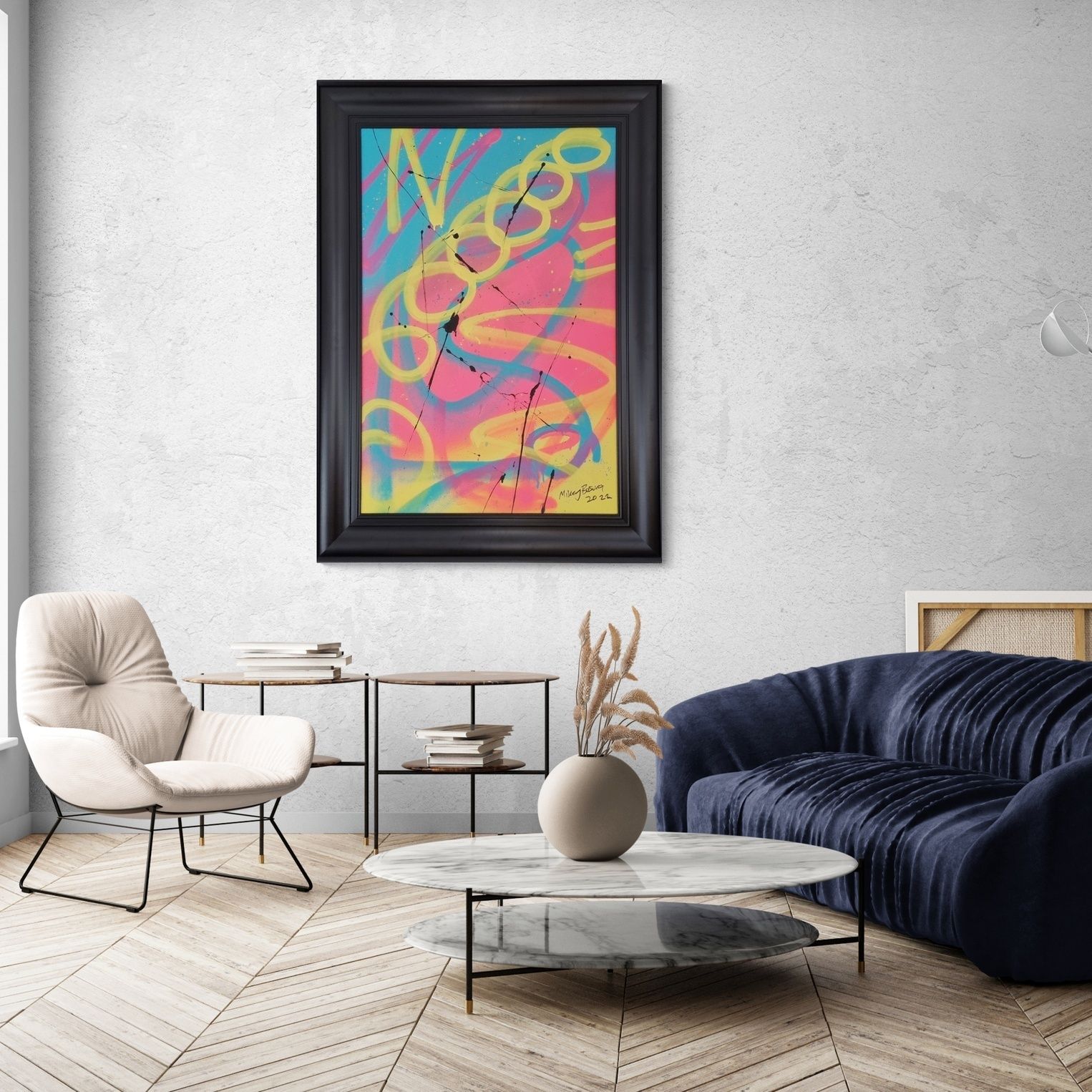 Bright And Large Original Abstract Painting In Pink Blue And Yellow